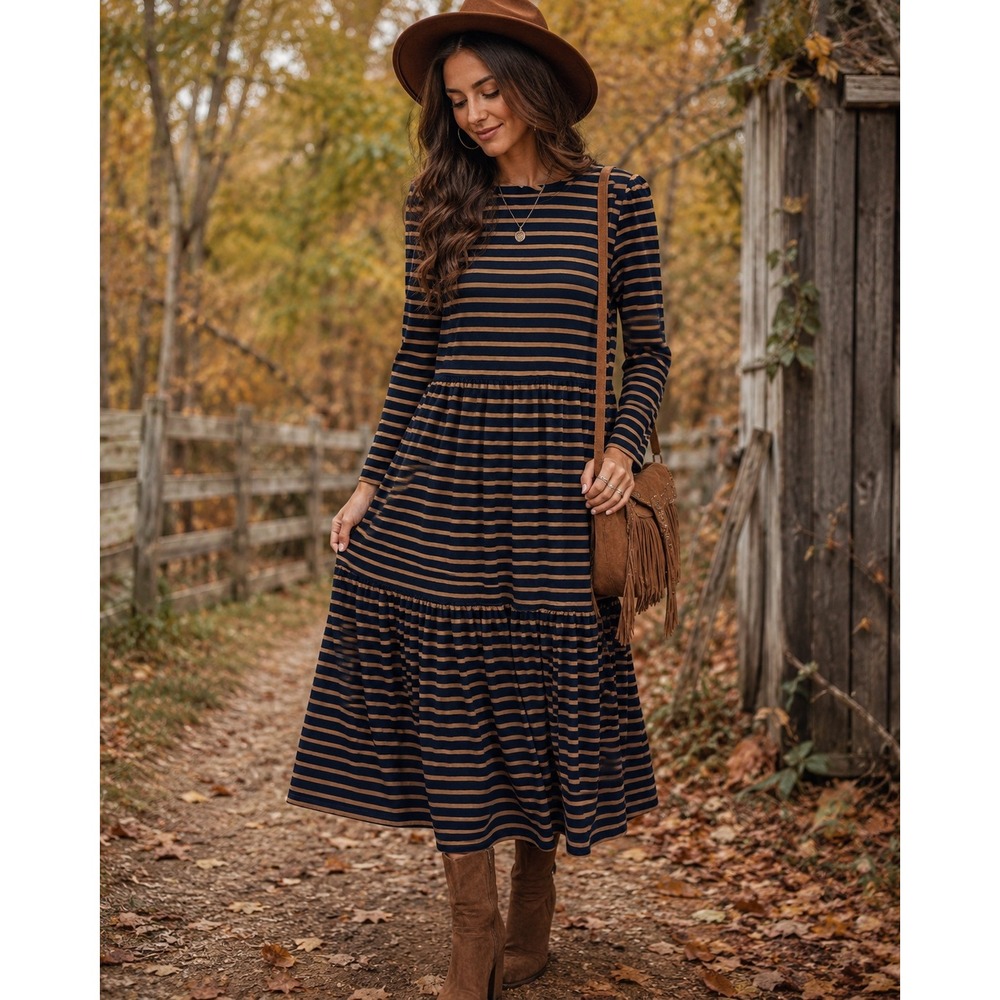 Boden Emma Black Tan Stripe Tiered Midi Dress Long Sleeve Cotton Modal 6P Boho